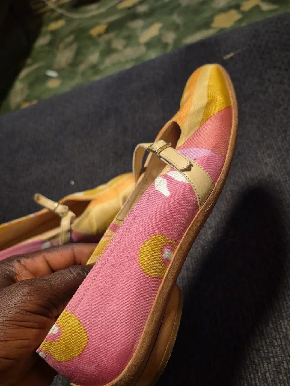 Salvatore Ferragamo Pink, Yellow & Orange Patterned Mary Jane Flats